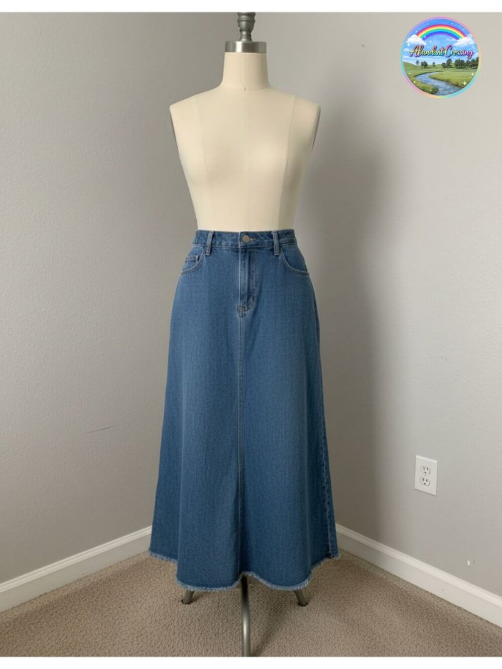 Long Frayed Raw Hem Jean Skirt Flare A-Line Maxi High Waist Denim